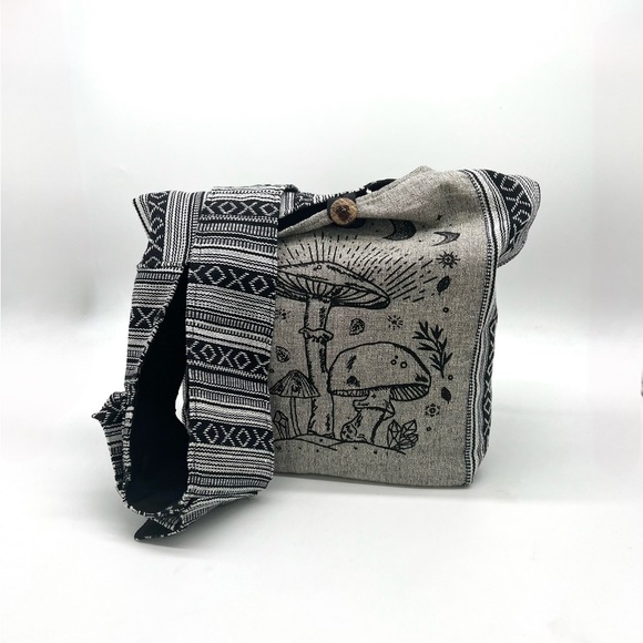 Mushroom and Celestial Print Large Hippie Crossbody Sling Bag - Picture 2 of 12